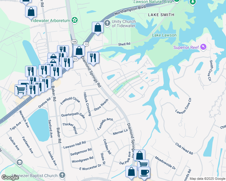 map of restaurants, bars, coffee shops, grocery stores, and more near 5540 Arboretum Avenue in Virginia Beach