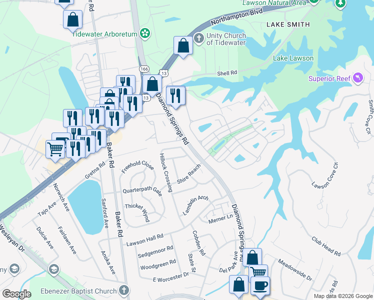 map of restaurants, bars, coffee shops, grocery stores, and more near 1122 Hillock Crossing in Virginia Beach