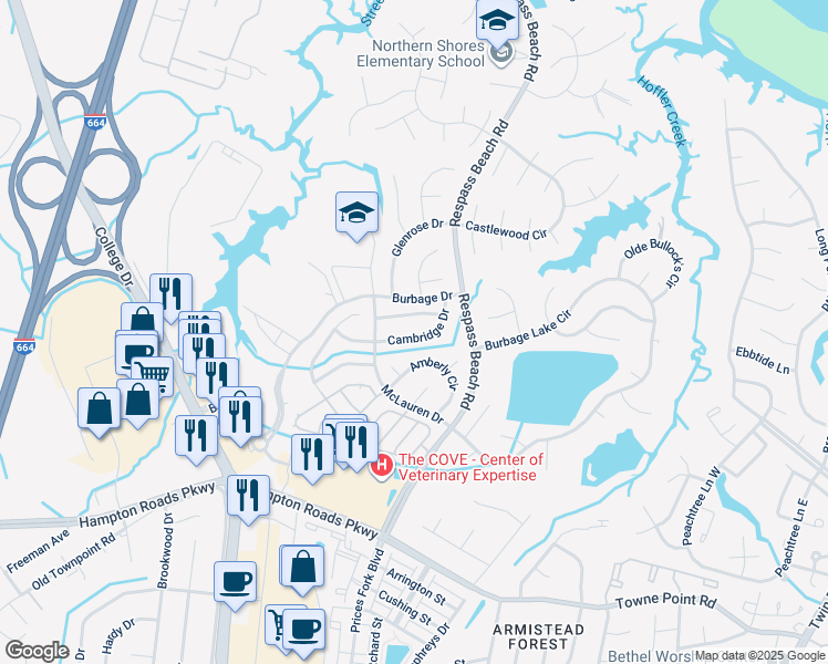 map of restaurants, bars, coffee shops, grocery stores, and more near 6221 Cambridge Drive in Suffolk