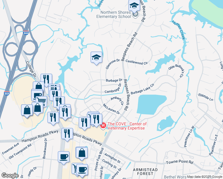 map of restaurants, bars, coffee shops, grocery stores, and more near 6221 Cambridge Drive in Suffolk