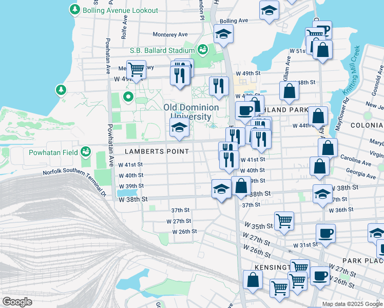 map of restaurants, bars, coffee shops, grocery stores, and more near 1301 West 42nd Street in Norfolk