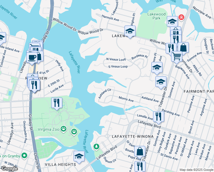 map of restaurants, bars, coffee shops, grocery stores, and more near 1466 Holly Point Road in Norfolk