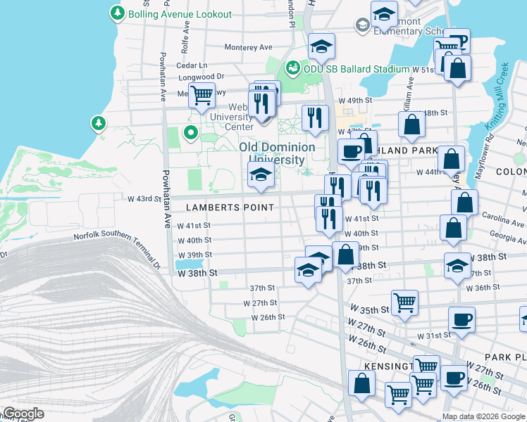 map of restaurants, bars, coffee shops, grocery stores, and more near 1325 West 42nd Street in Norfolk