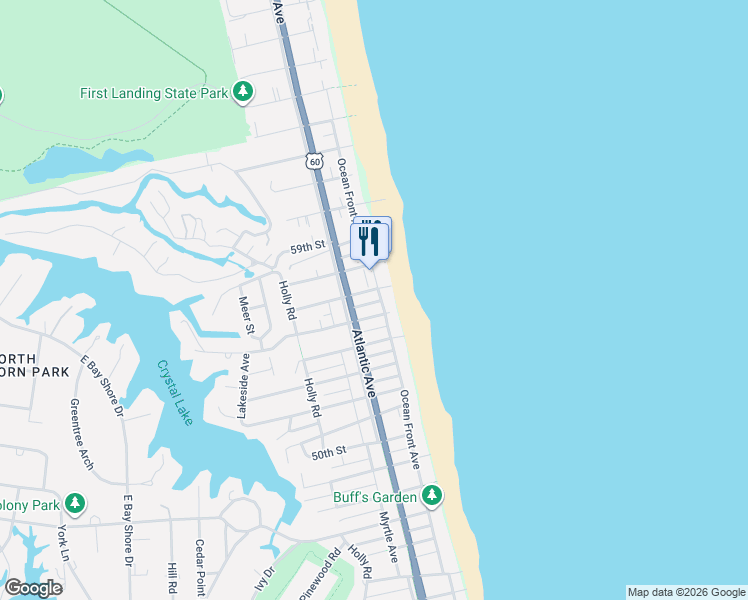 map of restaurants, bars, coffee shops, grocery stores, and more near 120 55th 1/2 Street in Virginia Beach