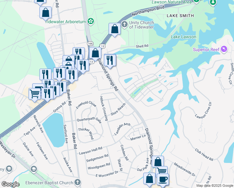 map of restaurants, bars, coffee shops, grocery stores, and more near 1122 Hillock Crossing in Virginia Beach