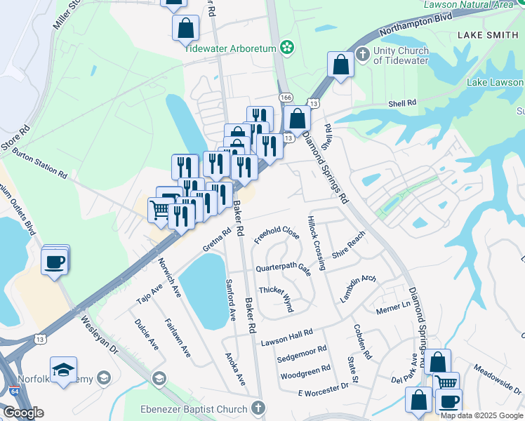 map of restaurants, bars, coffee shops, grocery stores, and more near 5633 Anthony Road in Virginia Beach