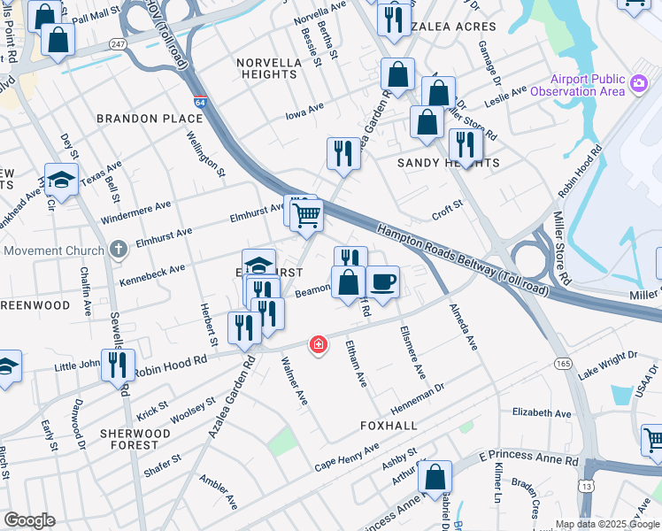 map of restaurants, bars, coffee shops, grocery stores, and more near 5324 Beamon Road in Norfolk