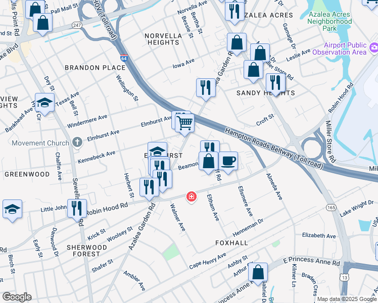 map of restaurants, bars, coffee shops, grocery stores, and more near 5280 Beamon Road in Norfolk