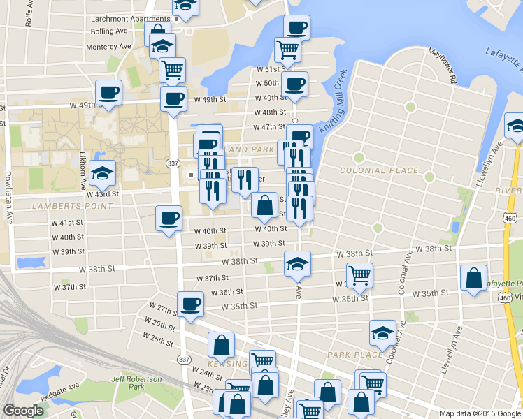 map of restaurants, bars, coffee shops, grocery stores, and more near 859 West 41st Street in Norfolk