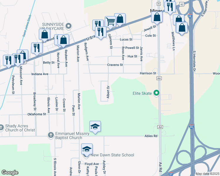 map of restaurants, bars, coffee shops, grocery stores, and more near 115 Albert Drive in Miner
