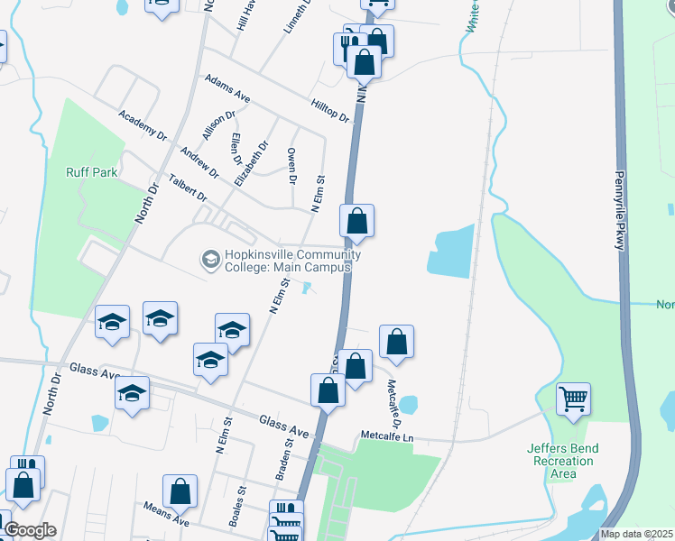 map of restaurants, bars, coffee shops, grocery stores, and more near 921 North Main Street in Hopkinsville