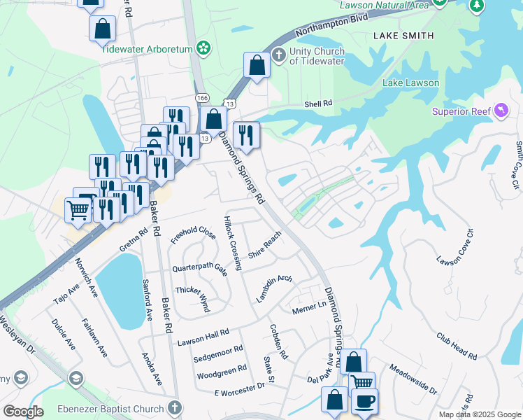 map of restaurants, bars, coffee shops, grocery stores, and more near 1140 Hillock Crossing in Virginia Beach