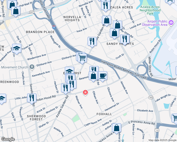 map of restaurants, bars, coffee shops, grocery stores, and more near 3127 Dunway Street in Norfolk