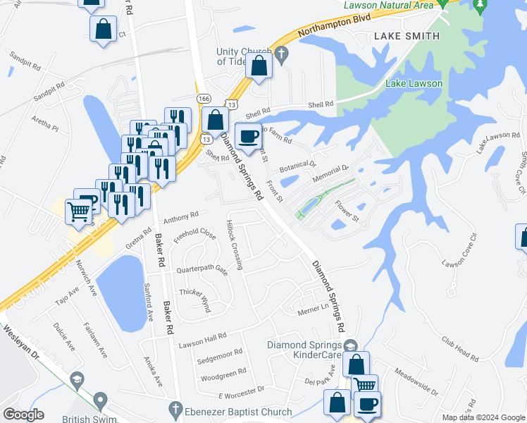 map of restaurants, bars, coffee shops, grocery stores, and more near 1140 Hillock Crossing in Virginia Beach
