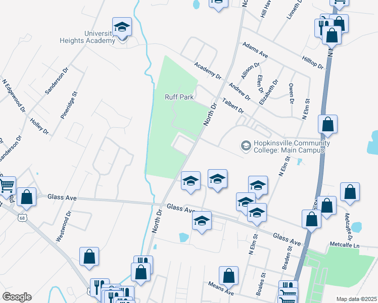 map of restaurants, bars, coffee shops, grocery stores, and more near 749-793 North Drive in Hopkinsville