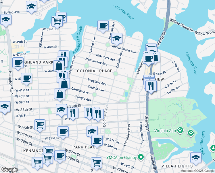 map of restaurants, bars, coffee shops, grocery stores, and more near 515 Maryland Avenue in Norfolk