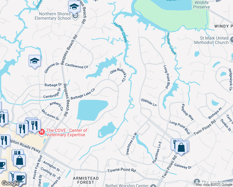 map of restaurants, bars, coffee shops, grocery stores, and more near 6330 Pelican Crescent South in Suffolk