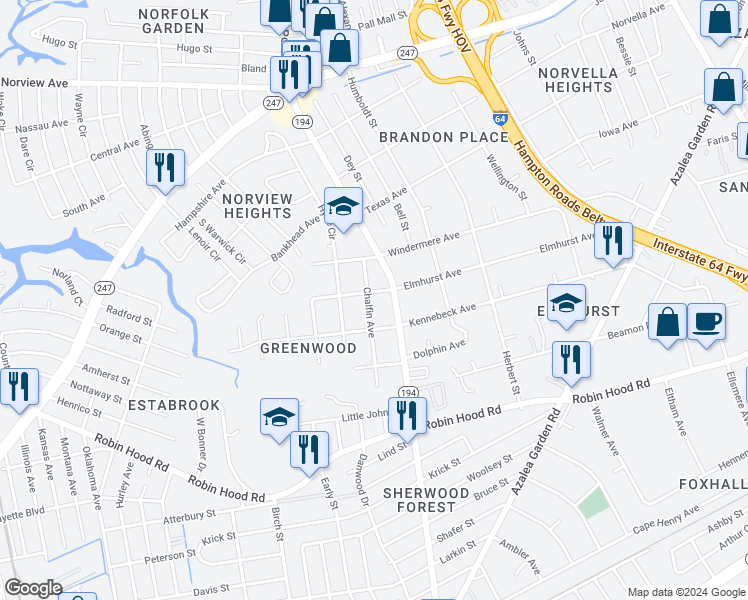 map of restaurants, bars, coffee shops, grocery stores, and more near 3224 Chalfin Avenue in Norfolk