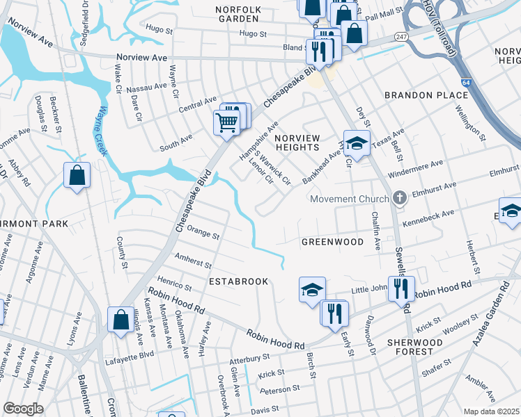 map of restaurants, bars, coffee shops, grocery stores, and more near 4541 Bankhead Avenue in Norfolk
