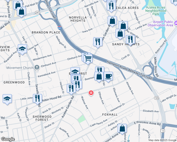 map of restaurants, bars, coffee shops, grocery stores, and more near 3148 Azalea Garden Road in Norfolk