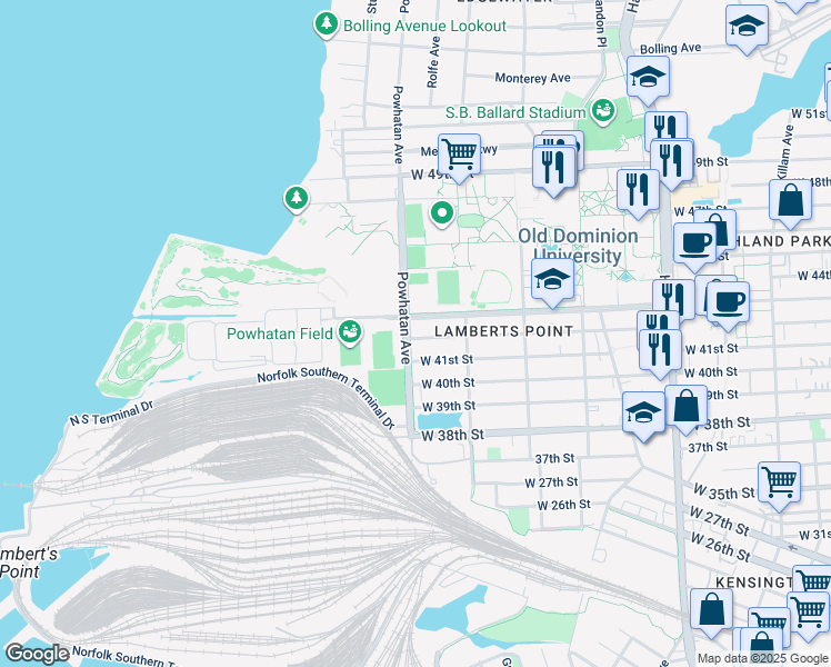 map of restaurants, bars, coffee shops, grocery stores, and more near 1554 West 42nd Street in Norfolk