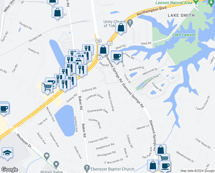 map of restaurants, bars, coffee shops, grocery stores, and more near 1202 Hillock Crossing in Virginia Beach