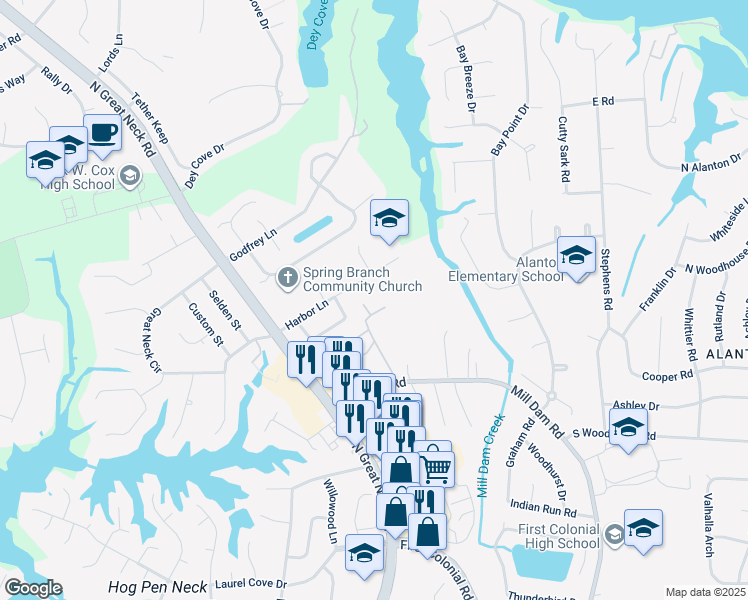 map of restaurants, bars, coffee shops, grocery stores, and more near 1489 Shoveller Avenue in Virginia Beach