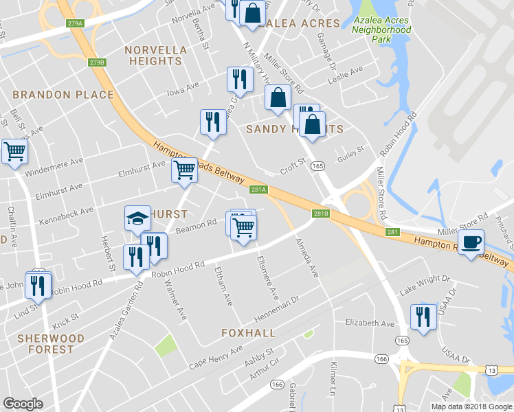 map of restaurants, bars, coffee shops, grocery stores, and more near 5406 Beamon Road in Norfolk