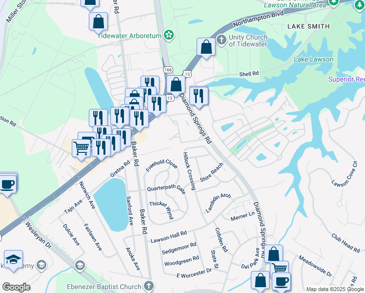 map of restaurants, bars, coffee shops, grocery stores, and more near 1202 Hillock Crossing in Virginia Beach