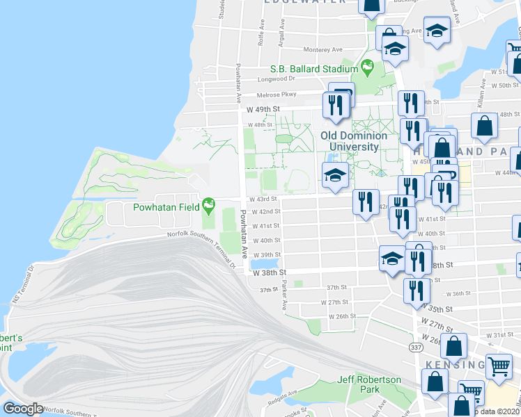 map of restaurants, bars, coffee shops, grocery stores, and more near 1534 West 42nd Street in Norfolk