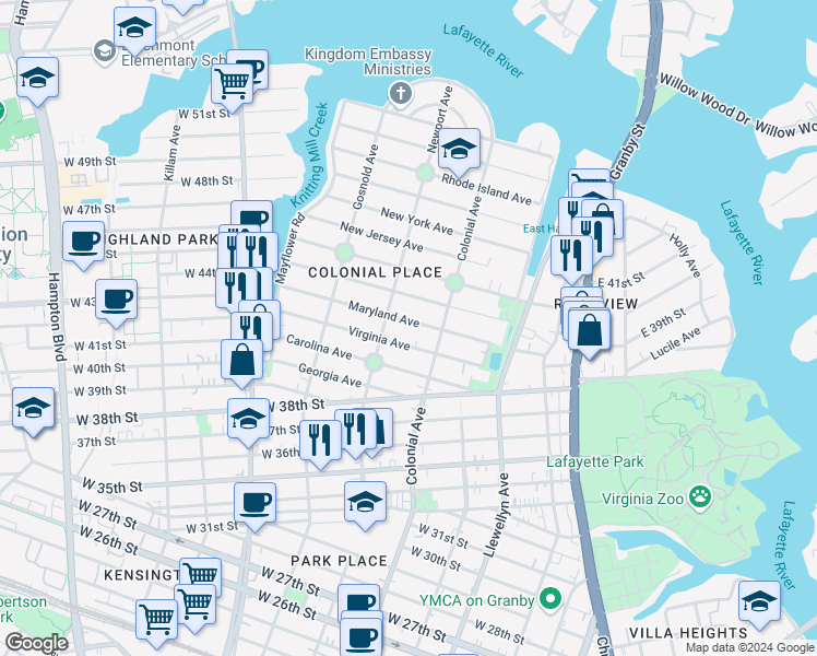 map of restaurants, bars, coffee shops, grocery stores, and more near 529 Maryland Avenue in Norfolk