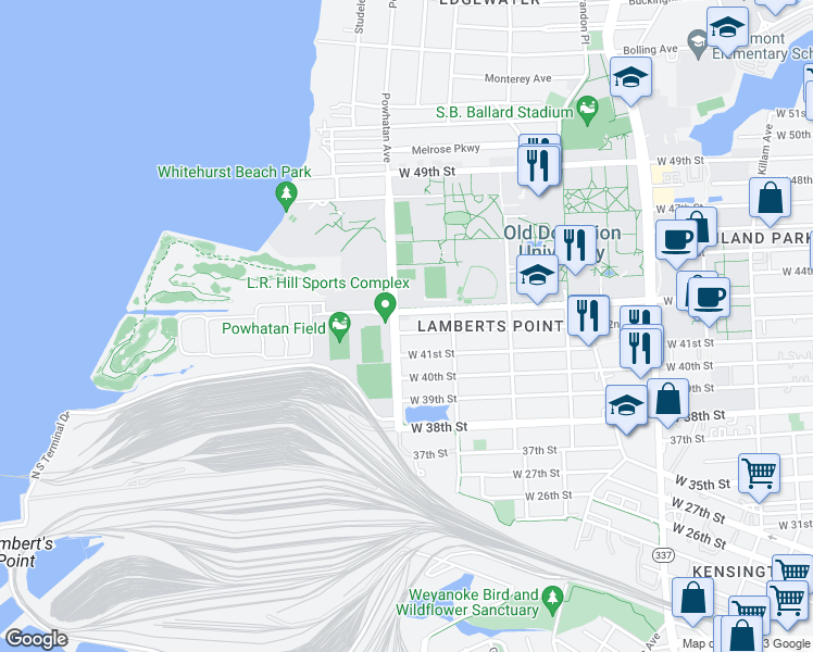 map of restaurants, bars, coffee shops, grocery stores, and more near 1550 West 42nd Street in Norfolk