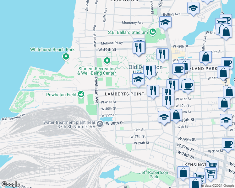 map of restaurants, bars, coffee shops, grocery stores, and more near 1436 West 42nd Street in Norfolk