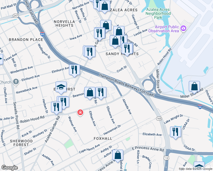 map of restaurants, bars, coffee shops, grocery stores, and more near 5406 Beamon Road in Norfolk