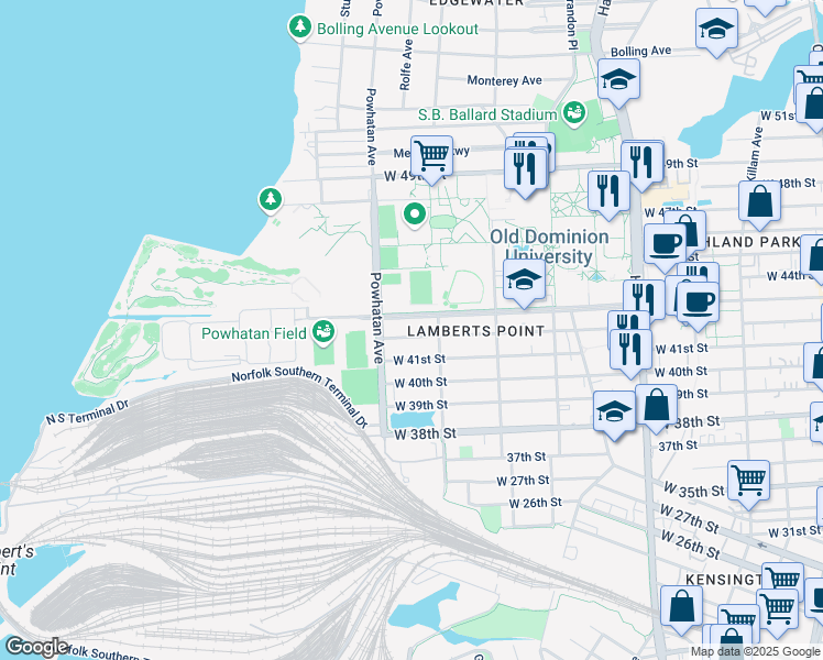 map of restaurants, bars, coffee shops, grocery stores, and more near 1522 West 41st Street in Norfolk