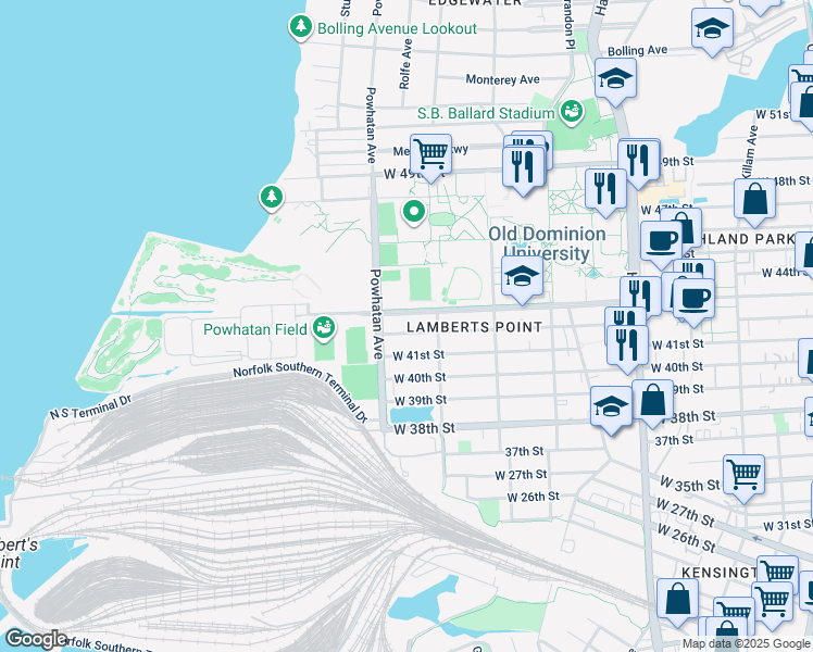 map of restaurants, bars, coffee shops, grocery stores, and more near 1534 West 42nd Street in Norfolk