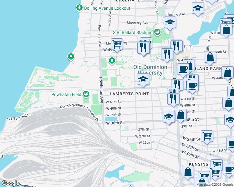 map of restaurants, bars, coffee shops, grocery stores, and more near 4209 Parker Avenue in Norfolk