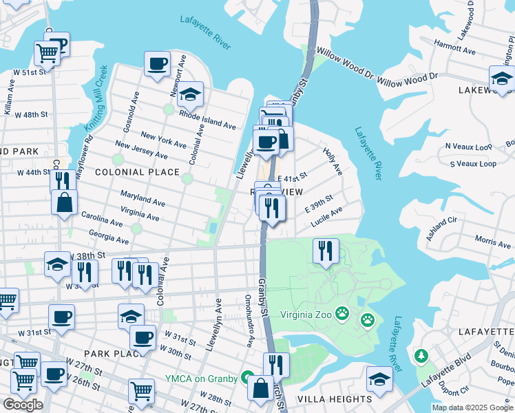 map of restaurants, bars, coffee shops, grocery stores, and more near 3920 Omohundro Avenue in Norfolk