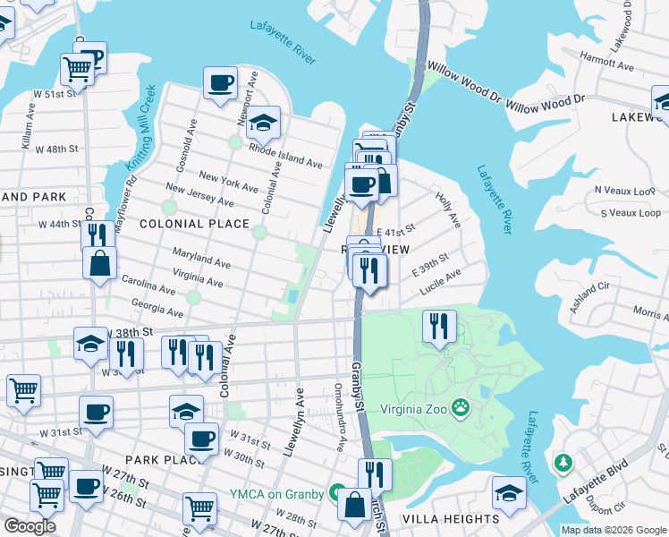 map of restaurants, bars, coffee shops, grocery stores, and more near 3920 Omohundro Avenue in Norfolk