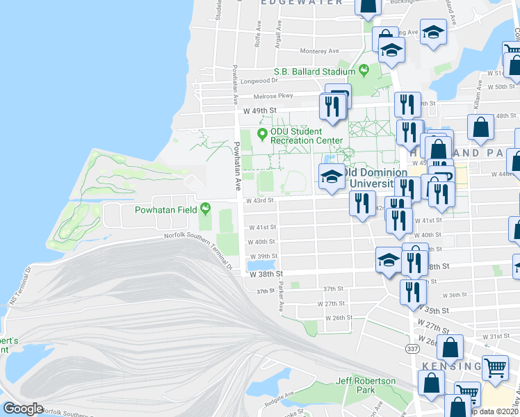 map of restaurants, bars, coffee shops, grocery stores, and more near 1522 West 41st Street in Norfolk