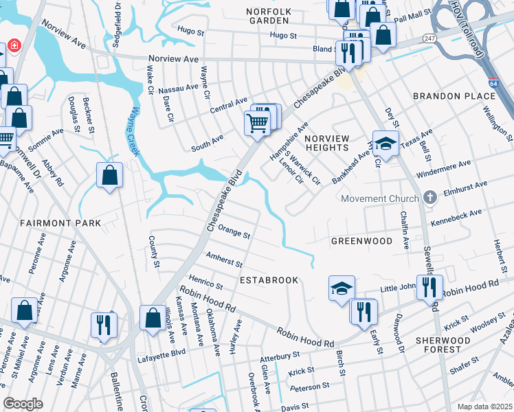 map of restaurants, bars, coffee shops, grocery stores, and more near 3642 Radford Street in Norfolk