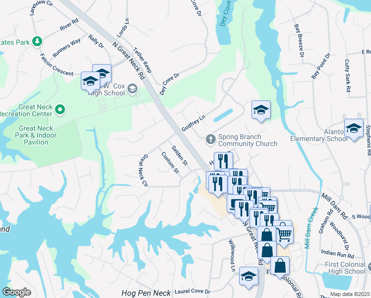 map of restaurants, bars, coffee shops, grocery stores, and more near 1521 Selden Street in Virginia Beach