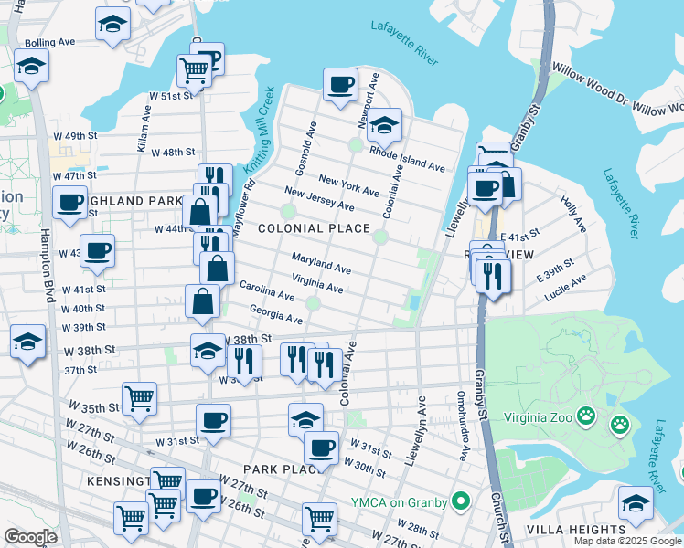 map of restaurants, bars, coffee shops, grocery stores, and more near 529 Maryland Avenue in Norfolk
