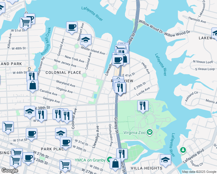 map of restaurants, bars, coffee shops, grocery stores, and more near 3920 Omohundro Avenue in Norfolk