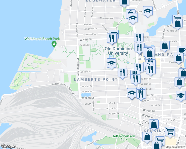 map of restaurants, bars, coffee shops, grocery stores, and more near 1454 West 42nd Street in Norfolk