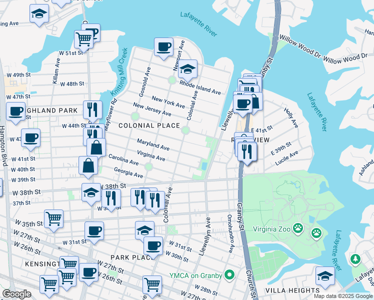 map of restaurants, bars, coffee shops, grocery stores, and more near 444 Maryland Avenue in Norfolk