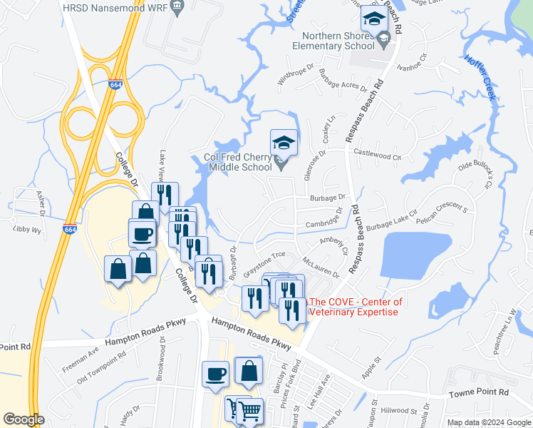 map of restaurants, bars, coffee shops, grocery stores, and more near 6357 Scottsfield Drive in Suffolk