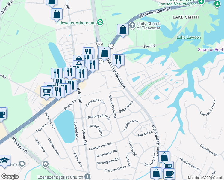 map of restaurants, bars, coffee shops, grocery stores, and more near 1218 Hillock Crossing in Virginia Beach
