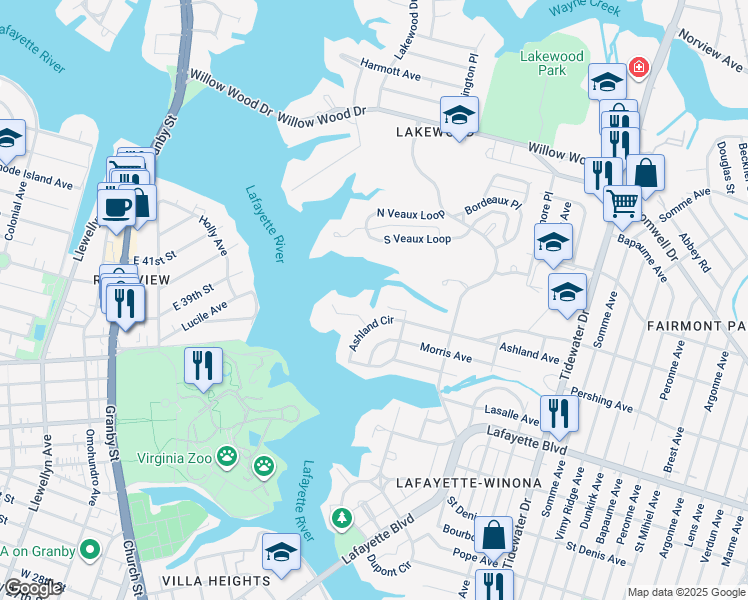 map of restaurants, bars, coffee shops, grocery stores, and more near 1466 Holly Point Road in Norfolk