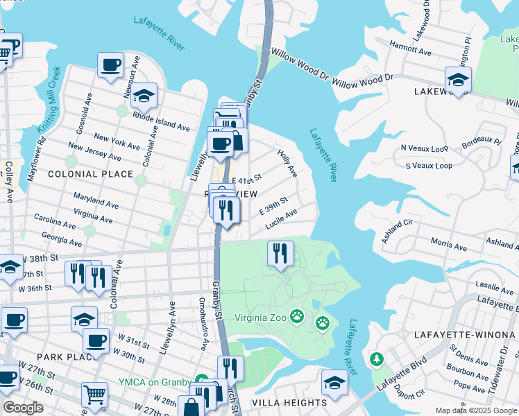 map of restaurants, bars, coffee shops, grocery stores, and more near 207 East 39th Street in Norfolk